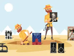 Cartoon of two explorers in a desert, one digging up a book cover while the other holds up a framed portrait