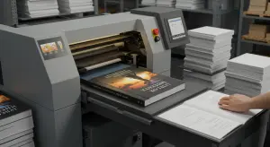 Printing machine producing paperback book covers next to stacks of printed pages
