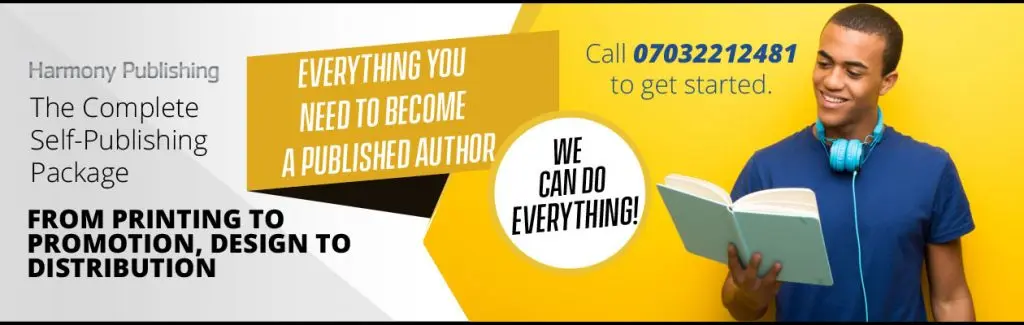Harmony Publishing Complete Self-Publishing Package banner with a smiling man reading a book and phone 07032212481